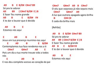A9 B E B/D# C#m7 B9
Só pra te adorar
A9 B9 ( C#m7 B/D# E ) B
E fazer Teu nome grande
A9 B E B/D# F#
E te dar o louvor que é devido
A9 B E
Estamos nós aqui
E A9 B E
Jesus em tua presença reunimo-nos aqui
E A9 B E B/D#
Contemplamos tua face rendemo-nos a ti
C#m7 G#m7 A9 E
Pois um dia a tua morte trouxe vida a todos
nós
E A9 B
E nos deu completo acesso ao coração do pai
C#m7 G#m7 A9 B C#m7
O véu que separava já não separa mais
C#m7 G#m7 A9
A luz que outrora apagada agora brilha
B C#4 C#
E cada dia brilha mais
[Refrão]
A9 B E B/D# C#m7 B9
Só pra te adorar
A9 B9 ( C#m7 B/D# E ) B
E fazer Teu nome grande
A9 B E B/D# F#
E te dar o louvor que é devido
A9 B E
Estamos nós aqui
 