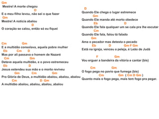Gm
Mestre! A morte chegou
D
E o meu filho levou, não sei o que fazer
Gm
Mestre! A notícia abalou
D
O coração se calou, então só eu fiquei
Cm Gm
E a multidão consolava, aquela pobre mulher
Eb Cm D
Mas por ali passava o homem de Nazaré
Cm Gm
Deteve aquela multidão, e o povo estremeceu
Eb D
Jesus estendeu sua mão e o morto reviveu
Gm Cm Gm
Pra Glória de Deus, a multidão abalou, abalou, abalou
Cm D Gm
A multidão abalou, abalou, abalou, abalou
D
Quando Ele chega o lugar estremece
Gm
Quando Ele manda até morto obedece
Eb D
Quando Ele fala qualquer um se cala pra lhe escutar
Cm
Quando Ele fala, falou tá falado
Gm
Ama o pecador mas detesta o pecado
Eb D Gm F Gm
Está na igreja, venceu a peleja, é Leão de Judá
F Gm
Vou erguer a bandeira da vitória e cantar (bis)
Cm Gm
O fogo pega no pavio que fumega (bis)
Cm Gm ( Cm D Gm )
Quanto mais o fogo pega, mais tem fogo pra pegar.
 