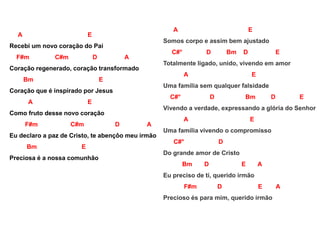 A E
Recebi um novo coração do Pai
F#m C#m D A
Coração regenerado, coração transformado
Bm E
Coração que é inspirado por Jesus
A E
Como fruto desse novo coração
F#m C#m D A
Eu declaro a paz de Cristo, te abençôo meu irmão
Bm E
Preciosa é a nossa comunhão
A E
Somos corpo e assim bem ajustado
C#° D Bm D E
Totalmente ligado, unido, vivendo em amor
A E
Uma família sem qualquer falsidade
C#° D Bm D E
Vivendo a verdade, expressando a glória do Senhor
A E
Uma família vivendo o compromisso
C#° D
Do grande amor de Cristo
Bm D E A
Eu preciso de ti, querido irmão
F#m D E A
Precioso és para mim, querido irmão
 