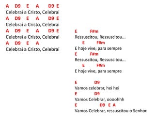 A D9 E A D9 E
Celebrai a Cristo, Celebrai
A D9 E A D9 E
Celebrai a Cristo, Celebrai
A D9 E A D9 E
Celebrai a Cristo, Celebrai
A D9 E A
Celebrai a Cristo, Celebrai
E F#m
Ressuscitou, Ressuscitou...
E F#m
E hoje vive, para sempre
E F#m
Ressuscitou, Ressuscitou...
E F#m
E hoje vive, para sempre
E D9
Vamos celebrar, hei hei
E D9
Vamos Celebrar, oooohhh
E D9 E A
Vamos Celebrar, ressuscitou o Senhor.
 