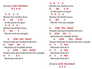 [Intro] A E/G# F#m7C#m
D E A E7
A D E A
Renova-me, Senhor Jesus
D Bm E E7
Já não quero ser igual
A D E A
Renova-me Senhor Jesus
D Bm E
Põe em mim seu coração
A E/G# F#m F#m/E
Porquê tudo que há dentro de mim
D A/C# Bm E
Necessita ser mudado Senhor
A E/G# F#m F#m/E
Porque tudo que há dentro do meu coração
D E A E
Necessita mais de ti
A D E A
Renova-me, Senhor Jesus
D Bm E E7
Já não quero ser igual
A D E A
Renova-me Senhor Jesus
D Bm E
Põe em mim seu coração
A E/G# F#m F#m/E
Porquê tudo que há dentro de mim
D A/C# Bm E
Necessita ser mudado Senhor
A E/G# F#m F#m/E
Porque tudo que há dentro do meu coração
D E A F#m
Necessita mais de ti
D E A F#m
Necessita mais de ti
D E A F#m
Necessita mais de ti
[Final] A E/G# F#m F#m/E
D E A
 