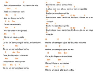 Bb F
Se tu olhares senhor pra dentro de mim
Gm7 C
Nada encontrará de bom
Bb C
Mas um desejo eu tenho
F C Dm
De ser transformado
Gm F
Preciso tanto do teu perdão
Bb C
Dá-me um novo coração
F Bb C
Dá-me um coração igual ao teu, meu mes-tre
F Bb
Dá-me um coração igual ao teu
C Am Dm
Coração disposto a obedecer
Am Dm
Cumprir todo o teu querer
Gm Bb C F
Dá-me um coração igual ao teu
C Dm
Ensina-me a amar o meu irmão
C F
A olhar com teus olhos, perdoar com teu perdão
Bb C
Enche-me com teu espírito
C Dm C Bb C
Endireita os meus caminhos, Oh Deus, dai-me um novo
F
coração
Bb C
Enche-me com teu espírito
C Dm C Bb C
Endireita os meus caminhos, Oh Deus, dai-me um novo
D
coração
G C D
Dá-me um coração igual ao teu, meu mes-tre
G C
Dá-me um coração igual ao teu
D Bm Em
Coração disposto a obedecer
Bm Em
Cumprir todo o teu querer
Am C D G
Dá-me um cora-ção igual ao teu
 