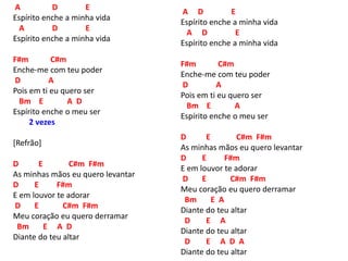 A D E
Espírito enche a minha vida
A D E
Espírito enche a minha vida
F#m C#m
Enche-me com teu poder
D A
Pois em ti eu quero ser
Bm E A D
Espírito enche o meu ser
2 vezes
[Refrão]
D E C#m F#m
As minhas mãos eu quero levantar
D E F#m
E em louvor te adorar
D E C#m F#m
Meu coração eu quero derramar
Bm E A D
Diante do teu altar
A D E
Espírito enche a minha vida
A D E
Espírito enche a minha vida
F#m C#m
Enche-me com teu poder
D A
Pois em ti eu quero ser
Bm E A
Espírito enche o meu ser
D E C#m F#m
As minhas mãos eu quero levantar
D E F#m
E em louvor te adorar
D E C#m F#m
Meu coração eu quero derramar
Bm E A
Diante do teu altar
D E A
Diante do teu altar
D E A D A
Diante do teu altar
 