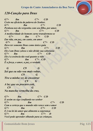 Grupo de Canto Anunciadores da Boa Nova
Comunidade Bom Jesus Pág 125
ABN
120-Canção para Deus
G7+ Bm C7+ C/D
Creio na eficácia da palavra do Senhor.
G7+ Bm C7+ C/D
Perdoou-nos da vergonha com seu filho, por amor.
G7+ Bm C7+ C/D
A mediocridade do homem carne transformou-se
G7+ Bm C7+ C/D
Em vida, em paz, em canto, em amor
G7+ Bm C7+ C/D
Devo ter somente Deus como único guia
G7+ Bm C7+ C/D
Ele é um Deus zeloso e não divide sua soberania
G7+ Bm C7+ C/D
Ele é a essência tão real quanto a vida
G7+ Bm C7+ C/D
É a força, o amor, a paz, a verdade
G C9 G
Sei que eu não vou mais voltar,
C9 G
Tive a minha vez de encontrar
C9 G
A luz que eu procuro está,
C9 G
Na mancha vermelha da cruz.
G7+ Bm C7+ C/D
E assim eu sigo confiando no senhor
G7+ Bm C7+ C/D
Com a certeza que o mundo não vence sem o amor
G7+ Bm C7+ C/D
E é na lei do amor que alimento a esperança
G7+ Bm C7+ D
Você pode aprender olhando para as crianças.
 