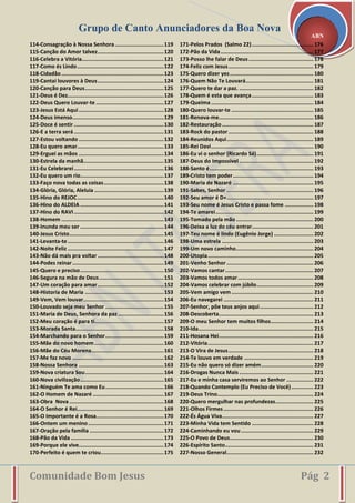 Grupo de Canto Anunciadores da Boa Nova
Comunidade Bom Jesus Pág 2
ABN
114-Consagração à Nossa Senhora...............................119
115-Canção do Amor talvez..........................................120
116-Celebra a Vitória....................................................121
117-Como és Lindo.......................................................122
118-Cidadão.................................................................123
119-Cantai louvores à Deus..........................................124
120-Canção para Deus..................................................125
121-Deus é Dez.............................................................126
122-Deus Quero Louvar-te ...........................................127
123-Jesus Está Aqui......................................................128
124-Deus imenso..........................................................129
125-Doce é sentir .........................................................130
126-E a terra será .........................................................131
127-Estou voltando ......................................................132
128-Eu quero amar.......................................................133
129-Erguei as mãos ......................................................134
130-Estrela da manhã...................................................135
131-Eu Celebrarei.........................................................136
132-Eu quero um rio.....................................................137
133-Faço nova todas as coisas......................................138
134-Glória, Glória, Aleluia ............................................139
135-Hino do REJOC.......................................................140
136-Hino do ALDEIA .....................................................141
137-Hino do RAVI.........................................................142
138-Homem .................................................................143
139-Inunda meu ser .....................................................144
140-Jesus Cristo............................................................145
141-Levanta-te.............................................................146
142-Noite Feliz .............................................................147
143-Não dá mais pra voltar ..........................................148
144-Podes reinar..........................................................149
145-Quero e preciso.....................................................150
146-Segura na mão de Deus.........................................151
147-Um coração para amar..........................................152
148-Historia de Maria ..................................................153
149-Vem, Vem louvar...................................................154
150-Louvado seja meu Senhor .....................................155
151-Maria de Deus, Senhora da paz .............................156
152-Meu coração é para ti............................................157
153-Morada Santa........................................................158
154-Marchando para o Senhor.....................................159
155-Mãe do novo homem............................................160
156-Mãe do Céu Morena..............................................161
157-Me faz novo ..........................................................162
158-Nossa Senhora ......................................................163
159-Nova criatura Sou..................................................164
160-Nova civilização.....................................................165
161-Ninguém Te ama como Eu.....................................166
162-O Homem de Nazaré .............................................167
163-Obra Nova............................................................168
164-O Senhor é Rei.......................................................169
165-O Importante é a Rosa...........................................170
166-Ontem um menino................................................171
167-Oração pela familia ...............................................172
168-Pão da Vida ...........................................................173
169-Porque ele vive......................................................174
170-Perfeito é quem te criou........................................175
171-Pelos Prados (Salmo 22)....................................... 176
172-Pão da Vida........................................................... 177
173-Posso lhe falar de Deus ......................................... 178
174-Feliz com Jesus...................................................... 179
175-Quero dizer yes..................................................... 180
176-Quem Não Te Louvará........................................... 181
177-Quero te dar a paz. ............................................... 182
178-Quem é esta que avança....................................... 183
179-Queima................................................................. 184
180-Quero louvar-te .................................................... 185
181-Renova-me............................................................ 186
182-Restauração.......................................................... 187
183-Rock do pastor...................................................... 188
184-Reunidos Aqui....................................................... 189
185-Rei Davi................................................................. 190
186-Eu vi o senhor (Ricardo Sá).................................... 191
187-Deus do Impossivel ............................................... 192
188-Santo é.................................................................. 193
189-Cristo tem poder................................................... 194
190-Maria de Nazaré ................................................... 195
191-Sabes, Senhor ....................................................... 196
192-Seu amor é D+....................................................... 197
193-Seu nome é Jesus Cristo e passa fome .................. 198
194-Te amarei.............................................................. 199
195-Tomado pela mão ................................................. 200
196-Deixa a luz do céu entrar....................................... 201
197-Teu nome é lindo (Eugênio Jorge) ......................... 202
198-Uma estrela .......................................................... 203
199-Um novo caminho................................................. 204
200-Utopia................................................................... 205
201-Venho Senhor ....................................................... 206
202-Vamos cantar........................................................ 207
203-Vamos todos amar................................................ 208
204-Vamos celebrar com júbilo.................................... 209
205-Vem amigo vem .................................................... 210
206-Eu navegarei ......................................................... 211
207-Senhor, põe teus anjos aqui.................................. 212
208-Descoberta............................................................ 213
209-O meu Senhor tem muitos filhos........................... 214
210-Ida......................................................................... 215
211-Hosana Hei............................................................ 216
212-Vitória................................................................... 217
213-O Vira de Jesus...................................................... 218
214-Te louvo em verdade ............................................ 219
215-Eu não quero só dizer amém................................. 220
216-Drogas Nunca Mais ............................................... 221
217-Eu e minha casa serviremos ao Senhor ................. 222
218-Quando Contemplo (Eu Preciso de Você).............. 223
219-Deus Trino............................................................. 224
220-Quero mergulhar nas profundezas........................ 225
221-Olhos Firmes......................................................... 226
222-És Água Viva.......................................................... 227
223-Minha Vida tem Sentido ....................................... 228
224-Caminhando eu vou.............................................. 229
225-O Povo de Deus..................................................... 230
226-Espírito Santo........................................................ 231
227-Nosso General....................................................... 232
 