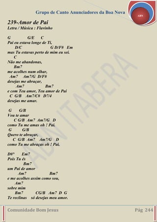 Grupo de Canto Anunciadores da Boa Nova
Comunidade Bom Jesus Pág 244
ABN
239-Amor de Pai
Letra / Música : Flavinho
G G/E C
Pai eu estava longe de Ti,
D/C G D/F# Em
mas Tu estavas perto de mim eu sei.
C
Não me abandonas,
Bm7
me acolhes num olhar,
Am7 Am7/G D/F#
desejas me abraçar,
Am7 Bm7
e com Teu amor, Teu amor de Pai
C G/B Am7/C# D7/4
desejas me amar.
G G/B
Vou te amar
C G/B Am7 Am7/G D
como Tu me amas oh ! Pai.
G G/B
Quero te abraçar,
C G/B Am7 Am7/G D
como Tu me abraças oh ! Pai.
D#° Em7
Pois Tu és
Bm7
um Pai de amor
Am7 Bm7
e me acolhes assim como sou,
Am7
sobre mim
Bm7 CG/B Am7 D G
Te reclinas só desejas meu amor.
 