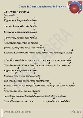 Grupo de Canto Anunciadores da Boa Nova
Comunidade Bom Jesus Pág 252
ABN
247-Deus é Família
Pe. Marcelo
D A D
Erguei as mãos pedindo a Deus
A D
A proteção, a união pela família
A D
Erguei as mãos pedindo a Deus
A D
A proteção, a união pela família
D
Não há gesto mais bonito do que este
Em
Quando o filho pede a bênção aos seus pais
A D
E acredita fielmente nesta bênção ,vem de Deus que o farás seguir em paz
G D
A família é o caminho da esperança, a certeza que se tem pra onde voltar
Em A D
Não há nada mais Divino e é por isso, que a presença de Jesus nela está
A D
Erguei as mãos pedindo a Deus..
G D
Deus abençoe a mim, e abençoado está
A D
Com seu amor cada pessoa que se encontra aqui
G D Em A D
Deus abençoe a mim, e abençoado está, cada família que celebra a vida em ti
D
Não há nada mais bonito que a família
Em
Aprendendo e ensinando a partilhar, momentos de alegria e tristeza
A D G
Que a vida certamente nos trará ....A família é o caminho...
 