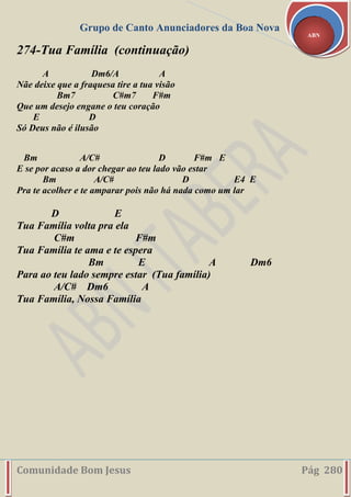 Grupo de Canto Anunciadores da Boa Nova
Comunidade Bom Jesus Pág 280
ABN
274-Tua Família (continuação)
A Dm6/A A
Nãe deixe que a fraquesa tire a tua visão
Bm7 C#m7 F#m
Que um desejo engane o teu coração
E D
Só Deus não é ilusão
Bm A/C# D F#m E
E se por acaso a dor chegar ao teu lado vão estar
Bm A/C# D E4 E
Pra te acolher e te amparar pois não há nada como um lar
D E
Tua Família volta pra ela
C#m F#m
Tua Família te ama e te espera
Bm E A Dm6
Para ao teu lado sempre estar (Tua família)
A/C# Dm6 A
Tua Família, Nossa Família
 