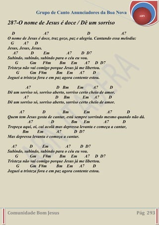 Grupo de Canto Anunciadores da Boa Nova
Comunidade Bom Jesus Pág 293
ABN
287-O nome de Jesus é doce / Dê um sorriso
D A7 D A7
O nome de Jesus é doce, traz gozo, paz e alegria. Cantando essa melodia:
G A7 D
Jesus, Jesus, Jesus.
A7 D Em A7 D D7
Subindo, subindo, subindo para o céu eu vou.
G Gm F#m Bm Em A7 D D7
Tristeza não vai comigo porque Jesus já me libertou.
G Gm F#m Bm Em A7 D
Joguei a tristeza fora e em paz agora contente estou.
A7 D Bm Em A7 D
Dê um sorriso só, sorriso aberto, sorriso certo cheio de amor.
A7 D Bm Em A7 D
Dê um sorriso só, sorriso aberto, sorriso certo cheio de amor.
A7 D Bm Em A7 D
Quem tem Jesus gosta de cantar, está sempre sorrindo mesmo quando não dá.
A7 D Bm Em A7 D
Tropeça aqui, oi, cai acolá mas depressa levanta e começa a cantar,
Bm Em A7 D D7
Mas depressa levanta e começa a cantar.
A7 D Em A7 D D7
Subindo, subindo, subindo para o céu eu vou.
G Gm F#m Bm Em A7 D D7
Tristeza não vai comigo porque Jesus já me libertou.
G Gm F#m Bm Em A7 D
Joguei a tristeza fora e em paz agora contente estou.
 