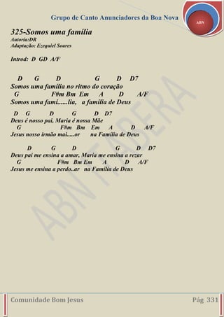 Grupo de Canto Anunciadores da Boa Nova
Comunidade Bom Jesus Pág 331
ABN
325-Somos uma família
Autoria:DR
Adaptação: Ezequiel Soares
Introd: D GD A/F
D G D G D D7
Somos uma família no ritmo do coração
G F#m Bm Em A D A/F
Somos uma famí......lia, a família de Deus
D G D G D D7
Deus é nosso pai, Maria é nossa Mãe
G F#m Bm Em A D A/F
Jesus nosso irmão mai.....or na Família de Deus
D G D G D D7
Deus pai me ensina a amar, Maria me ensina a rezar
G F#m Bm Em A D A/F
Jesus me ensina a perdo..ar na Família de Deus
 