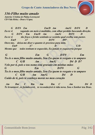 Grupo de Canto Anunciadores da Boa Nova
Comunidade Bom Jesus Pág 342
ABN
336-Filho muito amado
Autoria: Cristina de Pádua Lorençoni
CD Vida Reluz - Deus é Capaz
G D/F# Em Em/D Am Am/G D/F# D
Eu te vi vagando em meio à multidão, com olhar perdido buscando direção.
G D/F# Em Em/D Am Am/G D/F# D
Eu te vi tão fraco e ferido sentindo-se sozinho qual ovelha sem pastor.
Em9 A7 D/F# D#°
Ouve-me, deixa-me dizer o quanto és precioso para mim.
Em9 A7 D C/D
Mesmo que todos tenham te esquecido, Eu jamais te esqueceria porque
G Em G D/F# Em
Tu és o meu filho muito amado, Sou Eu quem te resgato e te amparo
C G/B Am Am/G D4 D D7
Velo por ti, pois o teu nome está gravado em minhas mãos
G Em D/F# G
Tu és o meu filho muito amado, Sou Eu quem te resgato e te amparo
C G/B Am Am/G D4 D
Cuido de ti, pois te conheço moras no meu coração
Am Bm C Bm Am Bm C Am D4 D
Te levantarei , te fortalecerei, te reconduzirei à vida nova. Sou o Senhor teu Deus.
 