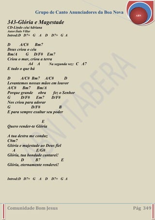 Grupo de Canto Anunciadores da Boa Nova
Comunidade Bom Jesus Pág 349
ABN
343-Glória e Magestade
CD-Lindo céu/Adriana
Autor:Ítalo Villar
Introd:D D7+ G A D D7+ G A
D A/C# Bm7
Deus criou o céu
Bm/A G D/F# Em7
Criou o mar, criou a terra
A4 A Na segunda vez: C A7
E tudo o que há
D A/C# Bm7 A/C# D
Levantemos nossas mãos em louvor
A/C# Bm7 Bm/A
Porque grande obra fez o Senhor
G D/F# Em7 D/F#
Nos criou para adorar
G D/F# B
E para sempre exaltar seu poder
E
Quero render-te Glória
A tua destra me conduz
C#m7
Glória e majestade ao Deus fiel
A E/G#
Glória, tua bondade cantarei!
D B7 E
Glória, eternamente renderei!
Introd:D D7+ G A D D7+ G A
 