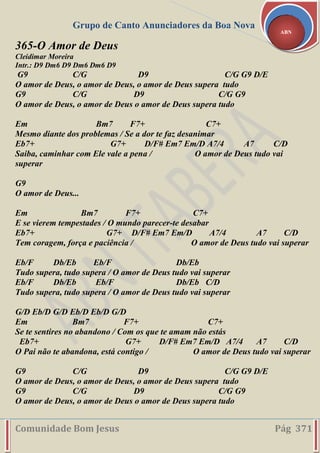 Grupo de Canto Anunciadores da Boa Nova
Comunidade Bom Jesus Pág 371
ABN
365-O Amor de Deus
Cleidimar Moreira
Intr.: D9 Dm6 D9 Dm6 Dm6 D9
G9 C/G D9 C/G G9 D/E
O amor de Deus, o amor de Deus, o amor de Deus supera tudo
G9 C/G D9 C/G G9
O amor de Deus, o amor de Deus o amor de Deus supera tudo
Em Bm7 F7+ C7+
Mesmo diante dos problemas / Se a dor te faz desanimar
Eb7+ G7+ D/F# Em7 Em/D A7/4 A7 C/D
Saiba, caminhar com Ele vale a pena / O amor de Deus tudo vai
superar
G9
O amor de Deus...
Em Bm7 F7+ C7+
E se vierem tempestades / O mundo parecer-te desabar
Eb7+ G7+ D/F# Em7 Em/D A7/4 A7 C/D
Tem coragem, força e paciência / O amor de Deus tudo vai superar
Eb/F Db/Eb Eb/F Db/Eb
Tudo supera, tudo supera / O amor de Deus tudo vai superar
Eb/F Db/Eb Eb/F Db/Eb C/D
Tudo supera, tudo supera / O amor de Deus tudo vai superar
G/D Eb/D G/D Eb/D Eb/D G/D
Em Bm7 F7+ C7+
Se te sentires no abandono / Com os que te amam não estás
Eb7+ G7+ D/F# Em7 Em/D A7/4 A7 C/D
O Pai não te abandona, está contigo / O amor de Deus tudo vai superar
G9 C/G D9 C/G G9 D/E
O amor de Deus, o amor de Deus, o amor de Deus supera tudo
G9 C/G D9 C/G G9
O amor de Deus, o amor de Deus o amor de Deus supera tudo
 