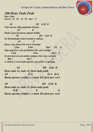 Grupo de Canto Anunciadores da Boa Nova
Comunidade Bom Jesus Pág 386
ABN
380-Deus Tudo Pode
Ítalo Villar
Introd: A9 G9 A9 G9 Bm7 E
A9 D9 G/D D
Vejo em teu olha pofunda tristeza
A9 E
Onde é que foi parar aquele brilho
A9 D9 G/D D
Se desanimado estás levante a cabeça
A9 E
Deus é tua força Ele vai te levantar
C#m F#m Bm7 E4 E
Seja qual for o teu problema Ele esta contigo
C#m F#m Bm7 E
Se precisar de um ombro amigo, Ele é teu consolo
Bm7 Gm7 E
A vitória é reservada àqueles que nEle se apóiam
A9 D9 G/D D
Deus tudo vê, tudo vê, Deus tudo pode
A9 E/A G/A D/A
Basta apenas confiar e o mais Ele fará por você
A9 D9 G/D D
Deus tudo vê, tudo vê, Deus tudo pode
G/B E G
Basta apenas confiar e o mais Ele fará por você
 