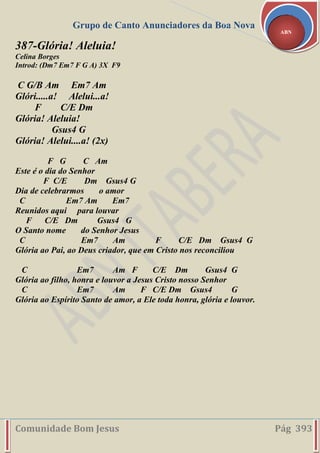 Grupo de Canto Anunciadores da Boa Nova
Comunidade Bom Jesus Pág 393
ABN
387-Glória! Aleluia!
Celina Borges
Introd: (Dm7 Em7 F G A) 3X F9
C G/B Am Em7 Am
Glóri.....a! Alelui...a!
F C/E Dm
Glória! Aleluia!
Gsus4 G
Glória! Alelui....a! (2x)
F G C Am
Este é o dia do Senhor
F C/E Dm Gsus4 G
Dia de celebrarmos o amor
C Em7 Am Em7
Reunidos aqui para louvar
F C/E Dm Gsus4 G
O Santo nome do Senhor Jesus
C Em7 Am F C/E Dm Gsus4 G
Glória ao Pai, ao Deus criador, que em Cristo nos reconciliou
C Em7 Am F C/E Dm Gsus4 G
Glória ao filho, honra e louvor a Jesus Cristo nosso Senhor
C Em7 Am F C/E Dm Gsus4 G
Glória ao Espírito Santo de amor, a Ele toda honra, glória e louvor.
 