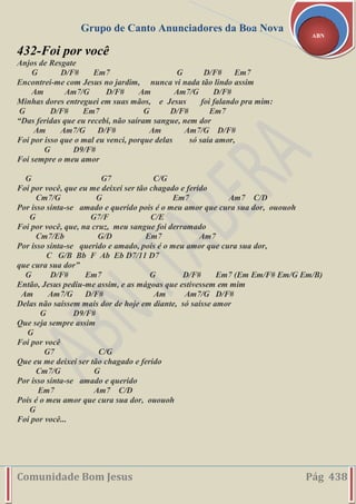 Grupo de Canto Anunciadores da Boa Nova
Comunidade Bom Jesus Pág 438
ABN
432-Foi por você
Anjos de Resgate
G D/F# Em7 G D/F# Em7
Encontrei-me com Jesus no jardim, nunca vi nada tão lindo assim
Am Am7/G D/F# Am Am7/G D/F#
Minhas dores entreguei em suas mãos, e Jesus foi falando pra mim:
G D/F# Em7 G D/F# Em7
“Das feridas que eu recebi, não saíram sangue, nem dor
Am Am7/G D/F# Am Am7/G D/F#
Foi por isso que o mal eu venci, porque delas só saía amor,
G D9/F#
Foi sempre o meu amor
G G7 C/G
Foi por você, que eu me deixei ser tão chagado e ferido
Cm7/G G Em7 Am7 C/D
Por isso sinta-se amado e querido pois é o meu amor que cura sua dor, ououoh
G G7/F C/E
Foi por você, que, na cruz, meu sangue foi derramado
Cm7/Eb G/D Em7 Am7
Por isso sinta-se querido e amado, pois é o meu amor que cura sua dor,
C G/B Bb F Ab Eb D7/11 D7
que cura sua dor”
G D/F# Em7 G D/F# Em7 (Em Em/F# Em/G Em/B)
Então, Jesus pediu-me assim, e as mágoas que estivessem em mim
Am Am7/G D/F# Am Am7/G D/F#
Delas não saíssem mais dor de hoje em diante, só saísse amor
G D9/F#
Que seja sempre assim
G
Foi por você
G7 C/G
Que eu me deixei ser tão chagado e ferido
Cm7/G G
Por isso sinta-se amado e querido
Em7 Am7 C/D
Pois é o meu amor que cura sua dor, ououoh
G
Foi por você...
 