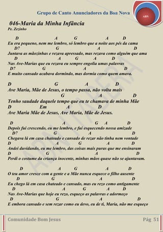 Grupo de Canto Anunciadores da Boa Nova
Comunidade Bom Jesus Pág 51
ABN
046-Maria da Minha Infância
Pe. Zezinho
D A G A D
Eu era pequeno, nem me lembro, só lembro que a noite aos pés da cama
D7 G A D
Juntava as mãozinhas e rezava apressado, mas rezava como alguém que ama
D A G A D
Nas Ave-Marias que eu rezava eu sempre engolia umas palavras
D7 G A D
E muito cansado acabava dormindo, mas dormia como quem amava.
D G A D
Ave Maria, Mãe de Jesus, o tempo passa, não volta mais
G A D
Tenho saudade daquele tempo que eu te chamava de minha Mãe
D Em A D
Ave Maria Mãe de Jesus, Ave Maria, Mãe de Jesus.
D A G A D
Depois fui crescendo, eu me lembro, e fui esquecendo nossa amizade
D7 G A D
Chegava lá em casa chateado e cansado de rezar não tinha nem vontade
D A G A D
Andei duvidando, eu me lembro, das coisas mais puras que me ensinaram
D G A D
Perdi o costume da criança inocente, minhas mãos quase não se ajuntavam.
D A G A D
O teu amor cresce com a gente e a Mãe nunca esquece o filho ausente
D G A D
Eu chego lá em casa chateado e cansado, mas eu rezo como antigamente
D A G A D
Nas Ave-Marias que hoje eu rezo, esqueço as palavras e adormeço
D G A D
E embora cansado e sem rezar como eu devo, eu de ti, Maria, não me esqueço
 
