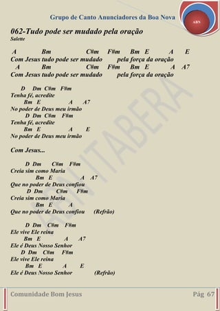 Grupo de Canto Anunciadores da Boa Nova
Comunidade Bom Jesus Pág 67
ABN
062-Tudo pode ser mudado pela oração
Salette
A Bm C#m F#m Bm E A E
Com Jesus tudo pode ser mudado pela força da oração
A Bm C#m F#m Bm E A A7
Com Jesus tudo pode ser mudado pela força da oração
D Dm C#m F#m
Tenha fé, acredite
Bm E A A7
No poder de Deus meu irmão
D Dm C#m F#m
Tenha fé, acredite
Bm E A E
No poder de Deus meu irmão
Com Jesus...
D Dm C#m F#m
Creia sim como Maria
Bm E A A7
Que no poder de Deus confiou
D Dm C#m F#m
Creia sim como Maria
Bm E A
Que no poder de Deus confiou (Refrão)
D Dm C#m F#m
Ele vive Ele reina
Bm E A A7
Ele é Deus Nosso Senhor
D Dm C#m F#m
Ele vive Ele reina
Bm E A E
Ele é Deus Nosso Senhor (Refrão)
 