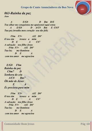 Grupo de Canto Anunciadores da Boa Nova
Comunidade Bom Jesus Pág 68
ABN
063-Rainha da paz
Jean
A E/G# D Bm D/E
Teu olhar me conquistou me apaixonei aqui estou
A E/G# D A/C# Bm E C#/F
Tua paz invadiu meu coração sou tão feliz
F#m F5+ A/E D#º
O teu sim trouxe a mim
D E A C#7
A salvação teu filho Jesus
F#m F5+ A/E D#º
Tua luz me iluminou
D E A
com teu amor me agraciou
E/G# F#m
Rainha da paz
C#m7 D
Senhora do céu
A/C# Bm7
Óh mãe de Jesus
E A
És preciosa para mim
F#m F5+ A/E D#º
O teu sim trouxe a mim
D E A C#7
A salvação teu filho Jesus
F#m F5+ A/E D#º
Tua luz me iluminou
D E A
com teu amor me agraciou
 
