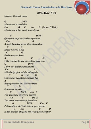 Grupo de Canto Anunciadores da Boa Nova
Comunidade Bom Jesus Pág 8
ABN
003-Mãe Fiel
Marcos e Cintya de castro
G D/F#
Mostra-me o caminho
Em B C Am D (2a vez C D G )
Mostra-me a luz, mostra-me Jesus
G D/F#
Quando o anjo do Senhor apareceu
Em B
A mais humilde serva disse sim a Deus
C G
Então nasceu o Rei
C G
Então nasceu Jesus
A C D
Vida e salvação que me redime pela cruz
G D/F#
Salve, oh! Rainha Imaculada
Em B
Mãe da Igreja e minha advogada
C G C G
Consola os pecadores, virgem fiel
A
Roga por mim, oh! Mãe de Deus
C D
E leva-me ao céu
G D/F# Em E
Tua graça me envolve e aquece
Am C D4 D
Teu amor me conduz e fortalece
G D/F# Em E
Pois contigo, oh! Mãe Maria quero estar
C Am C D
E nas minhas aflições, em Ti eu posso confiar
 