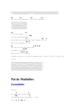 A|---------------------444444-------------------------------
E|---------------------222222-------------------------------


E5         D5            E5           D5
Seu amor me conquistou, Sou eterno devedor

E|-h7-h7-h7-h7------
B|------------h7----
G|--------------h7--
D|------------------
A|------------------


G5                   D5
O véu se rasgou
                       F#m
Sua luz em mim brilhou
                   E                   Bm   E
Sua glória me cobriu Mais que vencedor eu sou
                   Bm E
Mais que vencedor eu sou

A5                          E E9 E E9
Sei que na sala do trono está
               A5/F#
Eu quero ir pra lá
            D D9 D D9
Pelo novo e vivo caminho

(repete Tudo 1x - o solo já começa com o slide "12/24" e é feito 4x)

(solo)

--12-9---------------------------------||
-------10----12-9-10----------10--9----||
----------11--------11-9---11----------||
------------------------12-------------||
---------------------------------------||
---------------------------------------||




Pai de Multidões
Fernandinho

Tom: E

      E               B
Eu serei pai de multidões
     F#m                A
Tocarei em muitas gerações... (2x)

Solo: E   B   F#m   A
 