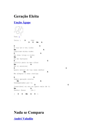 Geração Eleita
Unção Ágape



Tom: D

Intro :       D         (4x)
                    D     G     Bm    A

D                         G
A tua Lã e teu linho
Bm                            A
Cobriram minha nudez
D                           G
De óleo trigo e vinho
Bm               A
Eu me fartarei
D                                         G
Colírio para os meu olhos
Bm               A
Em ti encotrei
D                                             G
Quero entrar em tua casa senhor
          Bm                              A
Me alegrar e cear contigo

D                    G
Somos geração eleita
   Bm                                A
Desesperados por ti
                     D                            G
Insaciável eu sou eu quero mais de ti
Bm               A
Senhor Jesus     (2x )

(   D     G    Bm       A   D    )




Nada se Compara
André Valadão
 