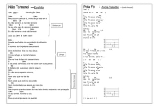 Não Temerei ---Eyshila                                                                     Pela Fé               -   André Valadão            ---(toda limpa!)
                                                                                           Tom: F

Tom: D#m---         Introdução: D#m                                                        Intro 3x: F      Dm       Bb    C
                                                                                           F                  Dm
D#m           B               G#m                                                          Pela   fé posso clamar
Meu socorro vem de ti , minha força esta em ti                                             Bb                   C
                                                                                           Pela   fé posso enxergar
     Bbm C#                                                                                F                 Dm
Eu não temerei, o mal não temerei                                                          Pela   fé posso tocar
                                                                                           Bb         C
D#m         B             G#m                      Distorção                               Pela   fé, pela fé
Se eu olho para ti o socorro avistarei
    Bbm C#                 D#m                                                             Refrão:
                                                                                           Bb   C      Dm     C/E
Eu não temerei o mal não temerei                                                           Não há    muralhas
                                                                                                     Bb
                                                                                           Que ficarão de pé
(solo 2x) D#m B G#m Bbm                                                                         C    Dm
                                                                                           Diante de mim
                                                                                                                  E|--------------|
D#m                                                                                                               B|--------------|
Aquele que habita no esconderijo do altíssimo                                                                     G|---------3----|
B                      G#m                                                                                        D|-3-3-2---3----|
A sombra do Onipotente descansará                                                                                 A|-------3-1----|
                                                                                                                  E|--------------|
                                                                                           Bb   C      Dm               C/E
Direi do Senhor Ele é o meu Deus                                                           Es-tou firmado em Cristo
                                                                                              Bb          C
   Bb                                                                                      Pra sempre tenho
O meu refugio, a minha fortaleza                           Limpo                                Dm
D#m                                                                                        A luz em mim, pela fé...
Ele me livra do laço do passarinheiro                                                      ( F    Dm   Bb    C )
B                 G#m
                                                                                           F               Dm
E da peste perniciosa, Ele me cobre com suas penas                                         Pela   fé posso mudar
   Bb                                                                                      Bb                  C
                                                                                           Pela   fé posso alcançar
E debaixo de suas asas estarei seguro                                                      F                Dm
G#m                                                                                        Pela   fé posso viver
Eu não temo espanto noturno,                                                               Bb            C
                                                                                           Pela   fé, pela fé
B                                                                        Distorção baixa
Nem seta que voe de dia                                                                    Refrão:
                                                                                           Bb   C      Dm                      C/E
C#                                                                                         Não há    muralhas
Nem peste que ande na escuridão                                                                      Bb
                                                                                           Que ficarão de pé
    Bb                                                                                          C    Dm
Nem mortandade que assole ao meio dia                                                      Diante de mim
G#m                           C#                                                                                          E|--------------|
Não importa quantos caiam do meu lado direita, esquerda, sou protegido                                                    B|--------------|
G#m             Bbm                                                                                                       G|---------3----|
Se eu for fiel, moverei o céu                                                                                             D|-3-3-2---3----|
                                                                                                                          A|-------3-1----|
C#                                                                                                                        E|--------------|
Deus envia anjos para me guardar                                                           ( F Dm Bb C F )
 
