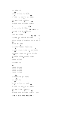 nos dividia
   Bb
havia motivo pra tudo
   C                  Dm
e tudo era motivo pra mais
              G
era perfeita simetria
Bb              C      Dm
éramos duas metades iguais

F                     C/E
o teu maior defeito
                       Bb (Bb - C)
talvez seja a perfeição
F               C/E
tuas virtudes
                          Bb (Bb - C)
talvez não tenham solução
        F                          C
então pegue o telefone ou um avião
Bb
deixe de lado
          C
os compromissos marcados
      F                        C
perdoa o que puder ser perdoado
    Bb                 C
esquece o que não tiver perdão
   Bb               C
e vamos voltar aquele lugar
Bb            C
vamos voltar

(refrão 2x)

Bb
vamos   voltar
vamos   voltar
vamos   voltar
vamos   voltar

     Dm
ao tempo em que nada
      G
nos dividia
   Bb
havia motivo pra tudo
   C                  Dm
e tudo era motivo pra mais
              G
era perfeita simetria
Bb              C      Dm
éramos duas metades iguais     (2x)

( Dm G Bb C Dm G Bb C Dm )
 