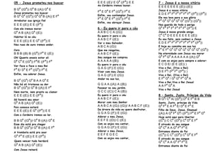 05 - Jesus prometeu nos buscar
B G#
((G#
)) G#
B ((A)) G#
E
Jesus prometeu nos buscar
B G#
G#
((G#
)) G#
G#
B ((A)) E F#
Arrebatar sua igreja fiel
E E E ((E)) E E ((F#
))
Com ele iremos morar
G#
A B ((A)) G#
((E))
Habitar lá no céu
E E E ((E)) E E G#
((F#
)) E
Nas ruas de ouro iremos andar.
Coro
B B B ((B) B ((G#
)) F#
E ((E))
Oh! Quanto anseio estar ali
D#
C#
E ((G#
)) F#
/E ((F#
)) F#
Ver face a face o meu Rei
F#
E/ D#
E F#
((G#
)) F#
E
Enfim, vou adorar Jesus.
B G#
((G#
) G#
B A A G#
E
Não há ali tristezas ou dor
B G#
((G#
))/ G#
B ((A)) E F#
Nem morte, nem pranto ou clamor
E E E ((E)) E E ((F#
))
Só haverá seu amor
G#
A B ((A)) G#
((E))
Pois conosco estará
E E E ((E)) E G#
((F#
)) E E
Com o Cordeiro iremos ao lar.
B B G#
((G#
))/ G#
B ((A)) G#
E
Esse dia está pra chegar
B B G#
((G#
))/ G#
B ((A)) E F#
A trombeta está pra soar
G#
F#
E ((E)) E E ((F#
))
Quem vencer tudo herdará
G#
A B ((A)) G#
((E))
Com Jesus reinará
E E E ((E)/ E G#
((F#
)) E E
Ao Cordeiro iremos louvar.
F#
E D#
E F#
((G#
)) F#
E
Enfim, vou contemplar Jesus.
F#
E D#
E F#
((G#
)) F#
E
Enfim, vou abraçar Jesus.
6 – Eu quero ir para o céu
A A B C C A ((G))
Eu quero ir para o céu
A A B C F ((E))
Ver o meu Salvador.
A B C A ((G))
Que me resgatou,
A A B C F ((E))
Seu sangue me comprou
A A A A A ((B))
Eu quero ir para o céu
G A G ((F)) E ((G))
Viver com meu Jesus.
G A G ((F)) E ((G))
Andar na sua luz,
G G A A ((A)) A ((B))
Passear no seu jardim.
G C C ((C)) C A ((B))
Eu quero ir para o céu
A A B C F ((E))
Morar com meu Senhor
A A B C A ((G)) ((G))/ A A B C F ((E))
Da árvore da vida eu quero desfrutar,
G G A G ((F)) E ((G))
Adorar o meu Jesus,
E E F E ((D)) C ((E))
Com os anjos vou cantar,
G G A G ((F)) E ((G))
Adorar o meu Jesus,
E E F E G E C
Com os anjos vou cantar,
7 - Jesus é a nossa vitória
E E E E E E E ((E)) ((E))
Jesus é a nossa vitória
E D E F#
F#
F#
F#
F#
F#
((F#
)) ((F#
))
Ele nos leva para a sua glória
F#
G#
G#
G#
G#
G#
((G#
)) ((G#
))
Nos guarda de todo o perigo
G#
F#
F#
F#
F#
F#
F#
((F#
)) E
Jesus é nosso grande amigo.
C#
C#
D E E E E E E E ((E))
Eu sou feliz, pois conheci a Jesus
E D E F#
F#
F#
F#
F#
F#
F#
((F#
))
E hoje eu caminho em sua luz
F#
E F#
G#
G#
G#
G#
G#
G#
G#
((G#
))
Na eternidade com Jesus vou morar
G#
F#
G#
A A A A A A ((A)) G#
E com os anjos para sempre o adorar:
E C D E/ (E E ((E)) )
Viva o Rei, (Viva o Rei)
D E F#
/ (F#
F#
((F#
)) )
Viva o Rei, (Viva o Rei)
E F#
G#
/ G#
G#
F#
G#
A
Viva o Rei,Viva o Rei Jesus!
A A F#
G#
A
Viva o Rei Jesus!
8 – Santo, Justo, Príncipe da Vida
B G#
/ C#
A/ ((D#
)) D#
E F#
B B
Santo, Justo, príncipe da Vida
G#
F#
E A F#
E/ D#
E F#
E
Filho de Deus, Jesus, Emanuel
((A)) A G#
F#
G#
/ ((F#
)) F#
E F#
G#
Hoje está aqui para libertar
((C#
)) C C#
((D#
)) C#
D#
E F#
E através do seu sangue
G#
C#
A A G#
F#
F#
E
Entramos diante do Pai
((C#
)) C C#
((D#
)) C#
D#
E F#
E através do seu sangue
G#
C#
A A G#
F#
F#
E
Entramos diante do Pai
 