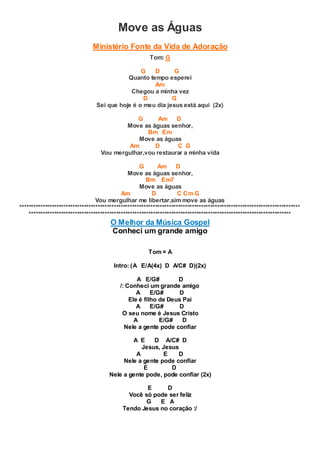 Move as Águas
Ministério Fonte da Vida de Adoração
Tom: G
G D G
Quanto tempo esperei
Am
Chegou a minha vez
D G
Sei que hoje é o meu dia jesus está aqui (2x)
G Am D
Move as águas senhor,
Bm Em
Move as águas
Am D C G
Vou mergulhar,vou restaurar a minha vida
G Am D
Move as águas senhor,
Bm Em7
Move as águas
Am D C Cm G
Vou mergulhar me libertar,sim move as águas
**************************************************************************************************************************
******************************************************************************************************************
O Melhor da Música Gospel
Conheci um grande amigo
Tom = A
Intro: (A E/A(4x) D A/C# D)(2x)
A E/G# D
/: Conheci um grande amigo
A E/G# D
Ele é filho de Deus Pai
A E/G# D
O seu nome é Jesus Cristo
A E/G# D
Nele a gente pode confiar
A E D A/C# D
Jesus, Jesus
A E D
Nele a gente pode confiar
E D
Nele a gente pode, pode confiar (2x)
E D
Você só pode ser feliz
G E A
Tendo Jesus no coração :/
 
