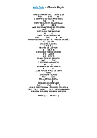 Alda Célia - Óleo da Alegria
Intro: ||: Cm G#/C A#/C | Cm A# :|| 2x
Am7 Em7 F9
O ESPÍRITO DE DEUS NOS UNGIU
C/E F9
PRAPROCLAMAR BOAS NOVAS
C/E G4 G
AOS QUEBRANTADOS DE CORAÇÃO
Am7 Em7
NOS UNGIU PARACURAR
F9 C
E AOS CATIVOS LIBERTAR
Dm7 Em7 F G
MINISTRAR AOS QUE ESTÃO TRISTES EM SIÃO
C C/E F G
ÓLEO DE ALEGRIA!
C C/E F G
VESTES DE LOUVOR!
C C/E F G
COROAEM VEZ DE CINZAS!
1° C A# F/G
1°C C/E F G
PRA GLÓRIADO SENHOR!
Am7 Em7
O INVERNO JÁPASSOU,
F9 C
A PRIMAVERAJÁ CHEGOU
F C
JÁSE HOUVE A VOZ DE DEUS
G4 G
COMO UM TROVÃO
Am7 Em7
SIM. ACHUVACAIRÁ.
F C
EM DOBRO RESTITUIRÁ
Dm7 Em7 F G
O QUE SEMEOU COM LÁGRIMAS COLHERÁ
C4 C C4 C D4 D D4 D G/ACORO EM D
ALEGRIA, ALEGRIA, ALEGRIA, ALEGRIA
FINAL: || D C A# AG D ||
 