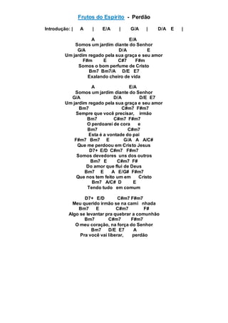 Frutos do Espírito - Perdão
Introdução: | A | E/A | G/A | D/A E |
A E/A
Somos um jardim diante do Senhor
G/A D/A E
Um jardim regado pela sua graça e seu amor
F#m E C#7 F#m
Somos o bom perfume de Cristo
Bm7 Bm7/A D/E E7
Exalando cheiro de vida
A E/A
Somos um jardim diante do Senhor
G/A D/A D/E E7
Um jardim regado pela sua graça e seu amor
Bm7 C#m7 F#m7
Sempre que você precisar, irmão
Bm7 C#m7 F#m7
O perdoarei de cora e
Bm7 C#m7
Esta é a vontade do pai
F#m7 Bm7 E G/A A A/C#
Que me perdoou em Cristo Jesus
D7+ E/D C#m7 F#m7
Somos devedores uns dos outros
Bm7 E C#m7 F#
Do amor que flui de Deus
Bm7 E A E/G# F#m7
Que nos tem feito um em Cristo
Bm7 A/C# D E
Tendo tudo em comum
D7+ E/D C#m7 F#m7
Meu querido irmão se na cami nhada
Bm7 E C#m7 F#
Algo se levantar pra quebrar a comunhão
Bm7 C#m7 F#m7
O meu coração, na força do Senhor
Bm7 D/E E7 A
Pra você vai liberar, perdão
 