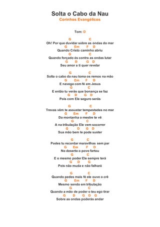 Solta o Cabo da Nau
Corinhos Evangélicos
Tom: D
G C
Oh! Por que duvidar sobre as ondas do mar
G Em F D
Quando Cristo caminho abriu
G C
Quando forçado és contra as ondas lutar
G D G D
Seu amor a ti quer revelar
G C
Solta o cabo da nau toma os remos na mão
G Em F D
E navega com fé em Jesus
G C
E então tu verás que bonança se faz
G D G D
Pois com Ele seguro serás
G C
Trevas vêm te assustar tempestades no mar
G Em F D
Da montanha o mestre te vê
G C
A na tribulação Ele vem socorrer
G D G D
Sua mão bem te pode suster
G C
Podes tu recordar maravilhas sem par
G Em F D
No deserto o povo fartou
G C
E o mesmo poder Ele sempre terá
G D G
Pois não muda e não falhará
G C
Quando pedes mais fé ele ouve o crê
G Em F D
Mesmo sendo em tribulação
G C
Quando a mão de poder o teu ego tirar
G D G D G
Sobre as ondas poderás andar
 