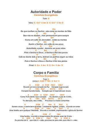 Autoridade e Poder
Corinhos Evangélicos
Tom: G
Intro: G Em7 C Am D G Em7 C Am D
G Em
Os que confiam no Senhor , são como os montes de Sião
C Am D
Que não se abalam , mas permanecem para sempre
G Em
Como em volta de Jerusalém , estão os montes
C Am D
Assim o Senhor , em volta do seu povo
G Em
Autoridade e poder , domínio em suas mãos
C Am D
Pois o Senhor é Deus , o Senhor é Rei dos povos
G Em
Cale-se diante dele a terra, dobrem os joelhos ergam as mãos
C Am D
Pois o Senhor é Deus o Senhor é Rei dos povos
Final: G Em C Am D G Em C Am D
Corpo e Família
Corinhos Evangélicos
Tom: A
(intro) A E/G# Fº F#m D Bm7 E
A E/G# A E/G# F#m7 C#m7
Recebi um novo coração do Pai Coração regenerado
D C#m Bm7 Bm7/A E4 E
Coração transformado, Coração que é inspirado por Jesus
A E/G# A E/G# F#m7 C#m7
Como fruto deste novo coração Eu declaro a paz de Cristo,
D C#m Bm7 Bm7/A E4 E
Te abençôo, meu irmão, Preciosa é a nossa comunhão
A E/G# Fº F#m D Bm7 E
Somos corpo, e assim bem ajustado Totalmente ligados, unidos, vivendo em amor
A E/G# Fº F#m D Bm7 E
Uma família sem qualquer falsidade Vivendo a verdade, expressando a glória do Senhor
A E/G# Fº F#m
Uma família, vivendo o compromisso Do grande amor de Cristo
D A/C# E E/G# A F#m7 Bm E E/G# A
Eu preciso de ti, que-rido ir----mão, precioso és para mim, que-rido ir----mão
 