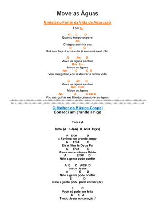 Move as Águas
Ministério Fonte da Vida de Adoração
Tom: G
G D G
Quanto tempo esperei
Am
Chegou a minha vez
D G
Sei que hoje é o meu dia jesus está aqui (2x)
G Am D
Move as águas senhor,
Bm Em
Move as águas
Am D C G
Vou mergulhar,vou restaurar a minha vida
G Am D
Move as águas senhor,
Bm Em7
Move as águas
Am D C Cm G
Vou mergulhar me libertar,sim move as águas
**************************************************************************************************************************
******************************************************************************************************************
O Melhor da Música Gospel
Conheci um grande amigo
Tom = A
Intro: (A E/A(4x) D A/C# D)(2x)
A E/G# D
/: Conheci um grande amigo
A E/G# D
Ele é filho de Deus Pai
A E/G# D
O seu nome é Jesus Cristo
A E/G# D
Nele a gente pode confiar
A E D A/C# D
Jesus, Jesus
A E D
Nele a gente pode confiar
E D
Nele a gente pode, pode confiar (2x)
E D
Você só pode ser feliz
G E A
Tendo Jesus no coração :/
 