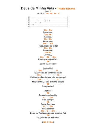Deus da Minha Vida - Thalles Roberto
Tom: F
Intro 3x: Dm Am Dm G
E|-----------------------------------------------|
B|-----------------------------------------------|
G|----------5--------5--3-2----------------------|
D|-------7-----7---------------------------------|
A|----5------------------------------------------|
E|-----------------------------------------------|
Dm Bb
Deus meu,
Dm Bb
Pai meu,
Dm Bb
Amor meu,
Dm Bb
Tudo, razão de tudo!
Dm Bb
Deus meu,
Dm Bb
Ar meu,
Dm Bb Dm
Farol que eu preciso,
Bb
Como eu preciso!!
(pré-refrão)
Dm G
Eu preciso Te sentir todo dia!
Dm G
E olhar pra Tua luz pra não me perder!
Dm G
Meu Senhor, Tu és a minha alegria
Bb
E eu preciso!!
Refrão:
Bb
Deus da minha vida
C Dm
Fica comigo
Bb
Sou a Sua casa
C Dm
Mora em mim
Bb C Dm
Deixa eu Te dizer o que eu preciso, Pai
Bb
Eu preciso do Senhor!!
( Bb C Dm )
 
