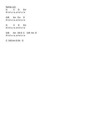 Refrão (x2)
G C D Em
A l e l u i a, a l e l u i a
G/B Am Em D
A l e l u i a, a l e l u i a
G C D Em
A l e l u i a, a l e l u i a
G/B Am D4 D C G/B Am D
A l e l u i a, a l e l u i a
C G/B Am D D4 G
 