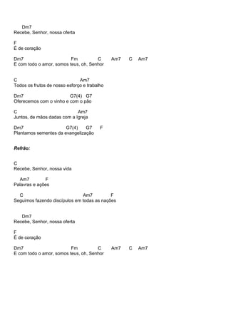 Dm7
Recebe, Senhor, nossa oferta
F
É de coração
Dm7 Fm C Am7 C Am7
E com todo o amor, somos teus, oh, Senhor
C Am7
Todos os frutos de nosso esforço e trabalho
Dm7 G7(4) G7
Oferecemos com o vinho e com o pão
C Am7
Juntos, de mãos dadas com a Igreja
Dm7 G7(4) G7 F
Plantamos sementes da evangelização
Refrão:
C
Recebe, Senhor, nossa vida
Am7 F
Palavras e ações
C Am7 F
Seguimos fazendo discípulos em todas as nações
Dm7
Recebe, Senhor, nossa oferta
F
É de coração
Dm7 Fm C Am7 C Am7
E com todo o amor, somos teus, oh, Senhor
 