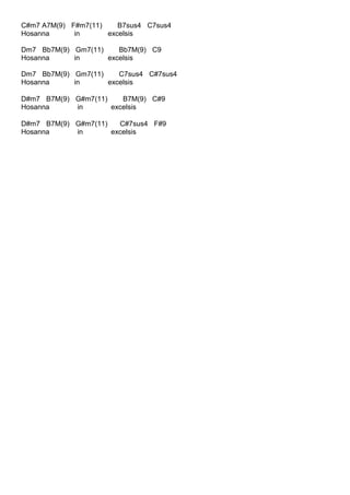 C#m7 A7M(9) F#m7(11) B7sus4 C7sus4
Hosanna in excelsis
Dm7 Bb7M(9) Gm7(11) Bb7M(9) C9
Hosanna in excelsis
Dm7 Bb7M(9) Gm7(11) C7sus4 C#7sus4
Hosanna in excelsis
D#m7 B7M(9) G#m7(11) B7M(9) C#9
Hosanna in excelsis
D#m7 B7M(9) G#m7(11) C#7sus4 F#9
Hosanna in excelsis
 