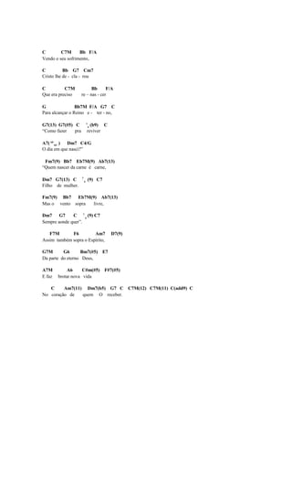C        C7M      Bb F/A
Vendo o seu sofrimento,

C          Bb G7 Cm7
Cristo lhe de - cla - rou

C          C7M            Bb      F/A
Que era preciso     re – nas - cer

G                Bb7M F/A G7 C
Para alcançar o Reino e - ter - no,

G7(13) G7(#5) C             7
                              (b9) C
                                4
“Como fazer   pra           reviver

A7( b9 b5 ) Dm7 C4/G
O dia em que nasci?”

 Fm7(9) Bb7 Eb7M(9) Ab7(13)
“Quem nascer da carne é carne,

                    7
Dm7 G7(13) C            4
                                (9) C7
Filho de mulher.

Fm7(9) Bb7 Eb7M(9) Ab7(13)
Mas o vento sopra livre,

Dm7 G7        C 7 4 (9) C7
Sempre aonde quer”.

   F7M       F6         Am7              D7(9)
Assim também sopra o Espírito,

G7M       G6      Bm7(#5) E7
Da parte do eterno Deus,

A7M          A6     C#m(#5) F#7(#5)
E faz   brotar nova vida

   C     Am7(11) Dm7(b5) G7 C C7M(12) C7M(11) C(add9) C
No coração de   quem O receber.
 