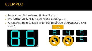  80 es el resultado de multiplicar 8 x 10.
 1º= PARA SACAR UN 10, necesito sumar 9 + 1
 Al sacar como resultado el 10, ese 10 SÍ QUE LO PUEDO USAR
1VEZ. 10
 