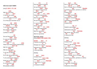NÃO HÁ O QUE TEMER
[Intro] D Eb7+, F7+ G9
D/F#
Não há o que temer
Em7 Bm7
O Senhor meu pastor
C9 G/B
Livra minha alma da morte
F7+ D/F#
E os meus pés caminham na luz
G9 D/F#
Ainda que no vale eu ande
Em7/9 Bm7
Tu me escondes e tua mão
C9 G/B
Me sustenta, não temerei
F7+ D/F#
Confiarei no Senhor
G9
Sei que Deus é por mim
D/F# Em7
E o que me resta é louvar
Bm7 C9
Adorar, bendizer
G/B F7+ D/F#
Pelas suas misericórdias (misericórdias)
Eb7+ G9
Não há o que temer
D/F#
Não há o que temer
Em7/9 Bm
Tu és meu rei salvador
C G/B
Se no alto mar perdido estou
F7+ D/F#
Tu me conduzes és minha luz
G9 D/F#
Ainda que no árido deserto
Em7/9 Bm7
Eu me encontre tu ali
C9 G/B
Me saciarás confiarei
F7+ D
Das tuas fontes me fartarei
D/F# G9
Sei que Deus é por mim
D/F# Em9
E o que me resta é louvar
Bm7 C7+
Adorar, bendizer
G/B F7+ D/F#
Pelas suas misericórdias
D Eb7+ G7+
Não há o que temer
C/D G9
Sei que Deus é por mim
D/F# Em7/9
E o que me resta é louvar
Bm7 C9
Adorar, bendizer
G/B F7+ D/F#
Pelas suas misericórdias
D Eb7+
Não há o que temer
F7+ G7+
Não há o que temer
IMUTÁVEL DEUS
[Intro] A9/C# C7M A9/C# C7M
Em7(9) Am7 D
É tempo de reconstruir
G C
Reerguer as muralhas
Am F#m7(b5)
Dispondo-se a trabalhar
B7 Em7
E não olhar atrás
[Refrão]
Am7 D4 D
Imutável Deus!
G4 G C7M
Igual a Ti não há outro
Am7 F#m7(b5)
O teu nome é “Eu Sou”
B7 Em7
O Grande El Shadai
Am7 D9
Ele é o Alfa, (Ele é o Alfa)
C/G G C7M
Ele é o Ômega, (Ele é o Ômega)
Am F#m(5b)
O primeiro e o último, (primeiro e o último)
B7 Em9
Imutável Deus
Am7 D9
Onipotente, (Onipotente)
C/G G C7M
Onisciente, (Onisciente)
Am F#m(5b)
Onipresente, (Onipresente)
B7 Em9
Imutável Deus
Am D
Dispõe-te para pelejar
G C7M
Defendendo esta obra
Am F#m7(b5)
Não temas, pois o teu Deus
B7 Em7
A vitória já te deu
[Refrão]
Am7 D
Imutável Deus!
G7M C7M
Igual a Ti não há outro
Am7 F#m7(b5)
O teu nome é “Eu Sou”
B7 Em7/9
O Grande El Shadai
Am7 D
Ele é o Alfa, (Ele é o Alfa)
C/G G C7M
Ele é o Ômega, (Ele é o Ômega)
Am B7
O primeiro e o último, (primeiro e o último)
Em7
Imutável Deus
Am D
Onipotente, (Onipotente)
G C7M
Onisciente, (Onisciente)
 
