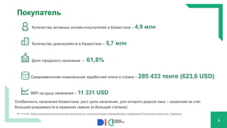 Количество активных онлайн-покупателей в Казахстане – 4,9 млн
Количество домохозяйств в Казахстане – 5,7 млн
Доля городского населения – 61,8%
Среднемесячная номинальная заработная плата в стране – 285 433 тенге (623,6 USD)
ВВП на душу населения – 11 331 USD
Особенность населения Казахстана: рост доли населения, для которого родной язык – казахский за счет
большей рождаемости в казахских семьях (в большей степени).
Покупатель
5
Источники: Бюро национальной статистики Агентства по стратегическому планированию и реформам Республики Казахстан, Kapital.kz
 