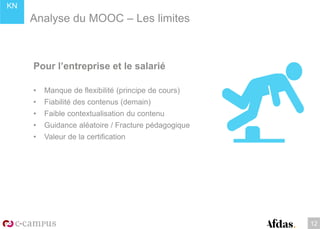KN
12
Analyse du MOOC – Les limites
Pour l’entreprise et le salarié
• Manque de flexibilité (principe de cours)
• Fiabilité des contenus (demain)
• Faible contextualisation du contenu
• Guidance aléatoire / Fracture pédagogique
• Valeur de la certification
 