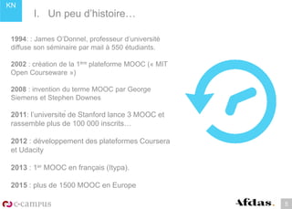 KN
I. Un peu d’histoire…
5
1994: : James O’Donnel, professeur d’université
diffuse son séminaire par mail à 550 étudiants.
2002 : création de la 1ère plateforme MOOC (« MIT
Open Courseware »)
2008 : invention du terme MOOC par George
Siemens et Stephen Downes
2011: l’université de Stanford lance 3 MOOC et
rassemble plus de 100 000 inscrits…
2012 : développement des plateformes Coursera
et Udacity
2013 : 1er MOOC en français (Itypa).
2015 : plus de 1500 MOOC en Europe
 