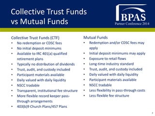 Partner Conference 2014
2
Collective Trust Funds (CTF)
• No redemption or CDSC fees
• No initial deposit minimums
• Available to IRC 401(a) qualified
retirement plans
• Typically no distribution of dividends
• Trust, audit, and custody included
• Participant materials available
• Daily valued with daily liquidity
• NSCC tradable
• Transparent, institutional fee structure
• More flexible record keeper pass-
through arrangements
• 403(b)9 Church Plans/457 Plans
Collective Trust Funds
vs Mutual Funds
Mutual Funds
• Redemption and/or CDSC fees may
apply
• Initial deposit minimums may apply
• Exposure to retail flows
• Long-time industry standard
• Trust, audit, and custody included
• Daily valued with daily liquidity
• Participant materials available
• NSCC tradable
• Less flexibility in pass-through costs
• Less flexible fee structure
 