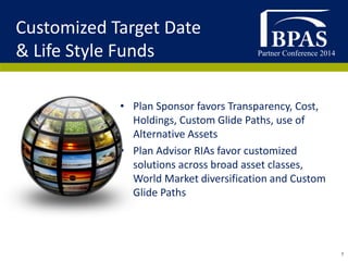 Partner Conference 2014
7
• Plan Sponsor favors Transparency, Cost,
Holdings, Custom Glide Paths, use of
Alternative Assets
• Plan Advisor RIAs favor customized
solutions across broad asset classes,
World Market diversification and Custom
Glide Paths
Customized Target Date
& Life Style Funds
 