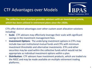 Partner Conference 2014
8
CTFs offer distinct advantages over other custom asset allocation solutions
including:
• Scale: CTF advisors may effectively leverage their scale with significant
savings in the investment management fees.
• Investment Options: The underlying investment options in CTFs may
include low cost institutional mutual funds and CTFs with minimum
investment thresholds and alternative investments. ETFs and other
securities may be used within the collective funds which would not be
appropriate as individual investment options within a plan.
• Distribution: CTF advisors have investment products, which are traded via
the NSCC and may be made available on multiple retirement trading
platforms.
CTF Advantages over Models
The collective trust structure provides advisors with an investment vehicle,
which has been utilized in retirement plans since the 1920s.
 