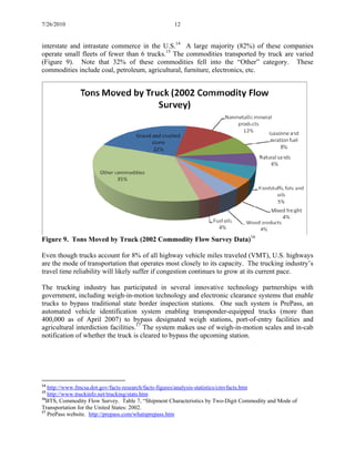 7/26/2010 12
interstate and intrastate commerce in the U.S.14
A large majority (82%) of these companies
operate small fleets of fewer than 6 trucks.15
The commodities transported by truck are varied
(Figure 9). Note that 32% of these commodities fell into the “Other” category. These
commodities include coal, petroleum, agricultural, furniture, electronics, etc.
Figure 9. Tons Moved by Truck (2002 Commodity Flow Survey Data)16
Even though trucks account for 8% of all highway vehicle miles traveled (VMT), U.S. highways
are the mode of transportation that operates most closely to its capacity. The trucking industry’s
travel time reliability will likely suffer if congestion continues to grow at its current pace.
The trucking industry has participated in several innovative technology partnerships with
government, including weigh-in-motion technology and electronic clearance systems that enable
trucks to bypass traditional state border inspection stations. One such system is PrePass, an
automated vehicle identification system enabling transponder-equipped trucks (more than
400,000 as of April 2007) to bypass designated weigh stations, port-of-entry facilities and
agricultural interdiction facilities.17
The system makes use of weigh-in-motion scales and in-cab
notification of whether the truck is cleared to bypass the upcoming station.
14
http://www.fmcsa.dot.gov/facts-research/facts-figures/analysis-statistics/cmvfacts.htm
15
http://www.truckinfo.net/trucking/stats.htm
16
BTS, Commodity Flow Survey. Table 7, “Shipment Characteristics by Two-Digit Commodity and Mode of
Transportation for the United States: 2002.
17
PrePass website. http://prepass.com/whatsprepass.htm
 