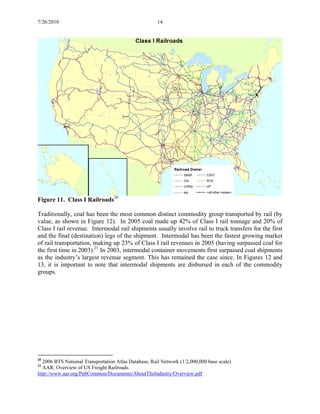 7/26/2010 14
Figure 11. Class I Railroads20
Traditionally, coal has been the most common distinct commodity group transported by rail (by
value, as shown in Figure 12). In 2005 coal made up 42% of Class I rail tonnage and 20% of
Class I rail revenue. Intermodal rail shipments usually involve rail to truck transfers for the first
and the final (destination) legs of the shipment. Intermodal has been the fastest growing market
of rail transportation, making up 23% of Class I rail revenues in 2005 (having surpassed coal for
the first time in 2003).21
In 2003, intermodal container movements first surpassed coal shipments
as the industry’s largest revenue segment. This has remained the case since. In Figures 12 and
13, it is important to note that intermodal shipments are disbursed in each of the commodity
groups.
20
2006 BTS National Transportation Atlas Database, Rail Network (1:2,000,000 base scale)
21
AAR: Overview of US Freight Railroads.
http://www.aar.org/PubCommon/Documents/AboutTheIndustry/Overview.pdf
 